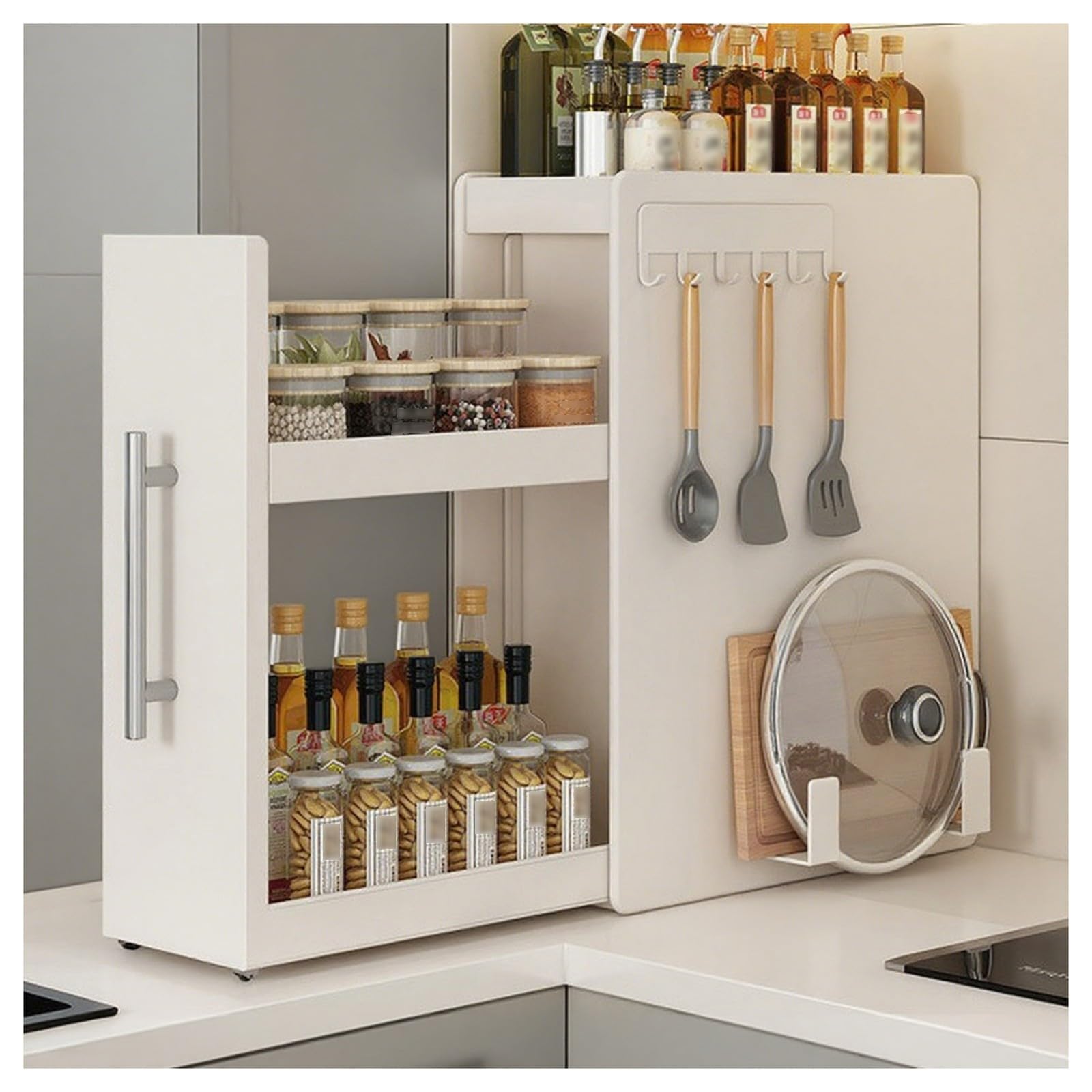 GAOXIAO Especiero Estrecho con Cajón, Organizador Estante Extraíble para Encimera Cocina con Ganchos Magnéticos, Estante Pie para Condimentos para Frascos Sa Salsas L 3 Tiers/White