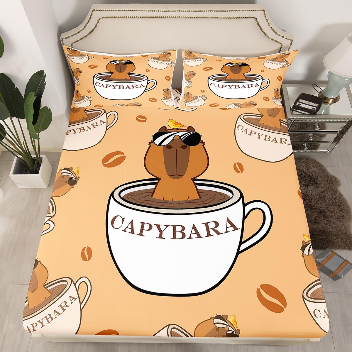 Set di lenzuola per animali per amanti del capybara, lenzuolo con angoli per ragazzi e ragazze, adolescenti, decorazione per la camera, regalo per gli amanti del capybara, copripiumino marrone con