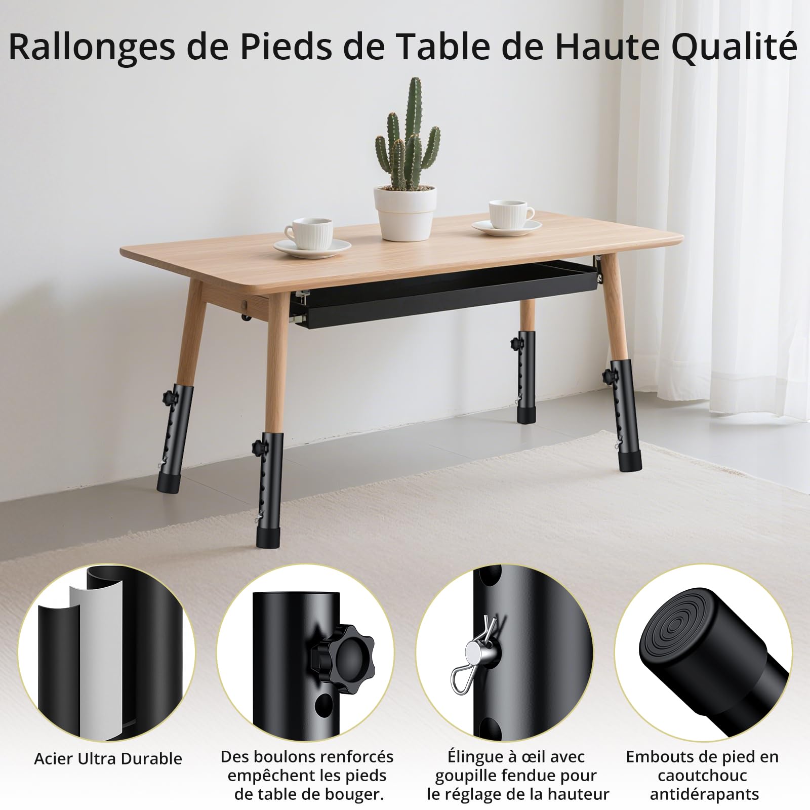 Anbte Lot de 4 Rallonges de Pieds de Table Pliantes, 5 Niveaux Réglables en Hauteur, Rehausseur de Pied de Table, Supports en Acier Robuste pour Pieds Droits et Pliés, Réduit Le Travail Arrêté, Noir
