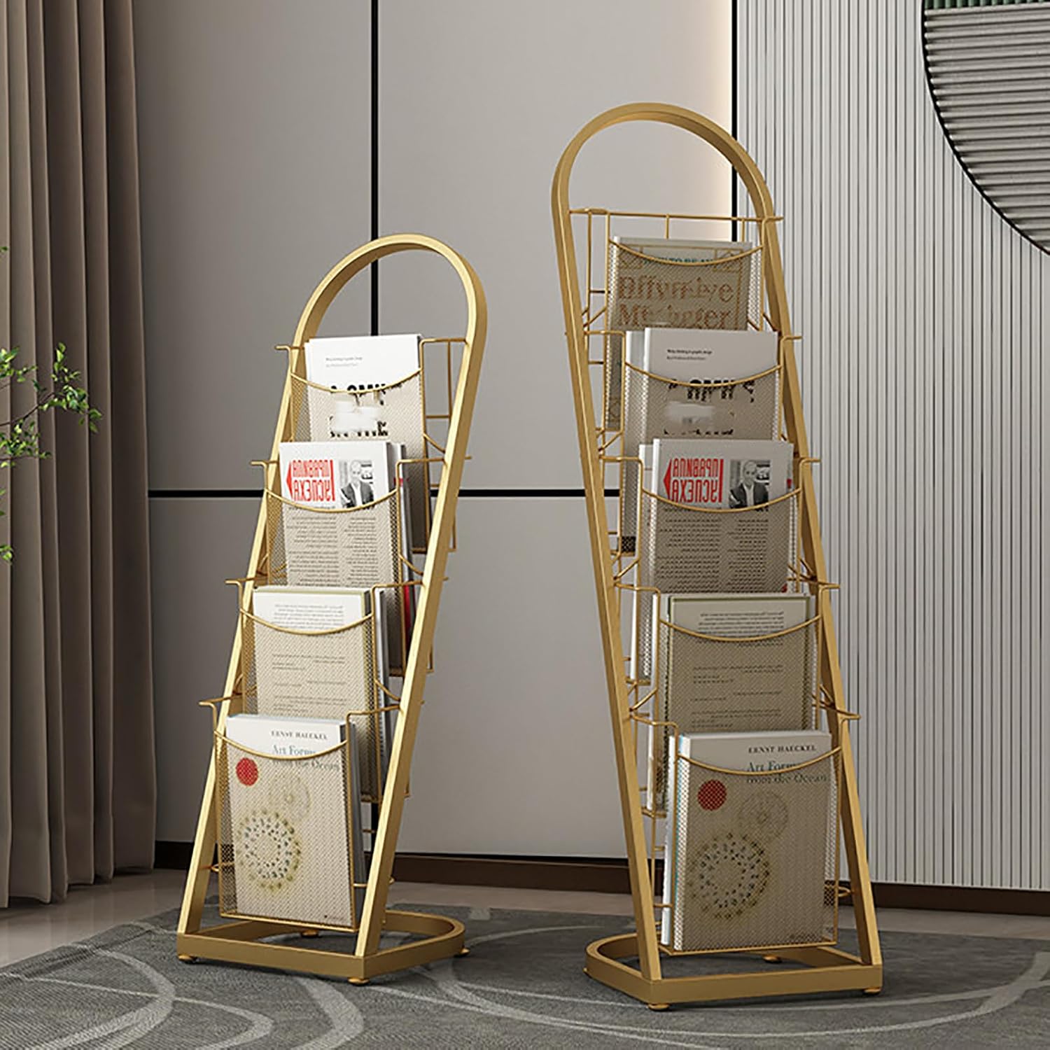 Metal Brochure Display Rack, 4 Tier Floor Organizer for Newspapers, Catalogs and Flyers, Freestanding Literature Stand for Requiring Information Display gold