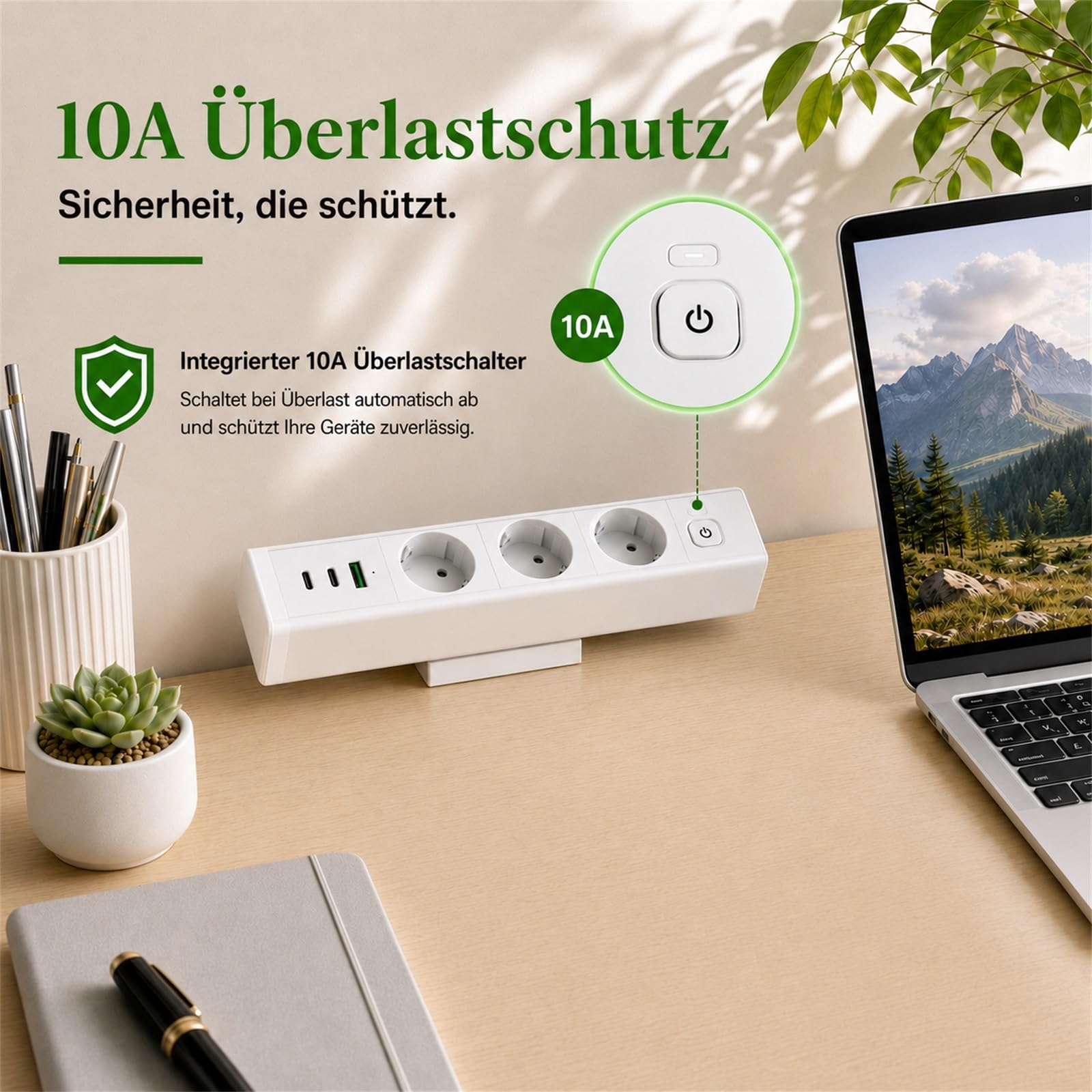 Enchufe de mesa con USB C 65 W, regleta Haiaoyyds con 3 enchufes, 2 USB C y 1 USB A, protección de sobrecarga de 10 A, cable de 1,8 m, enchufe múltiple de aluminio para oficina en casa