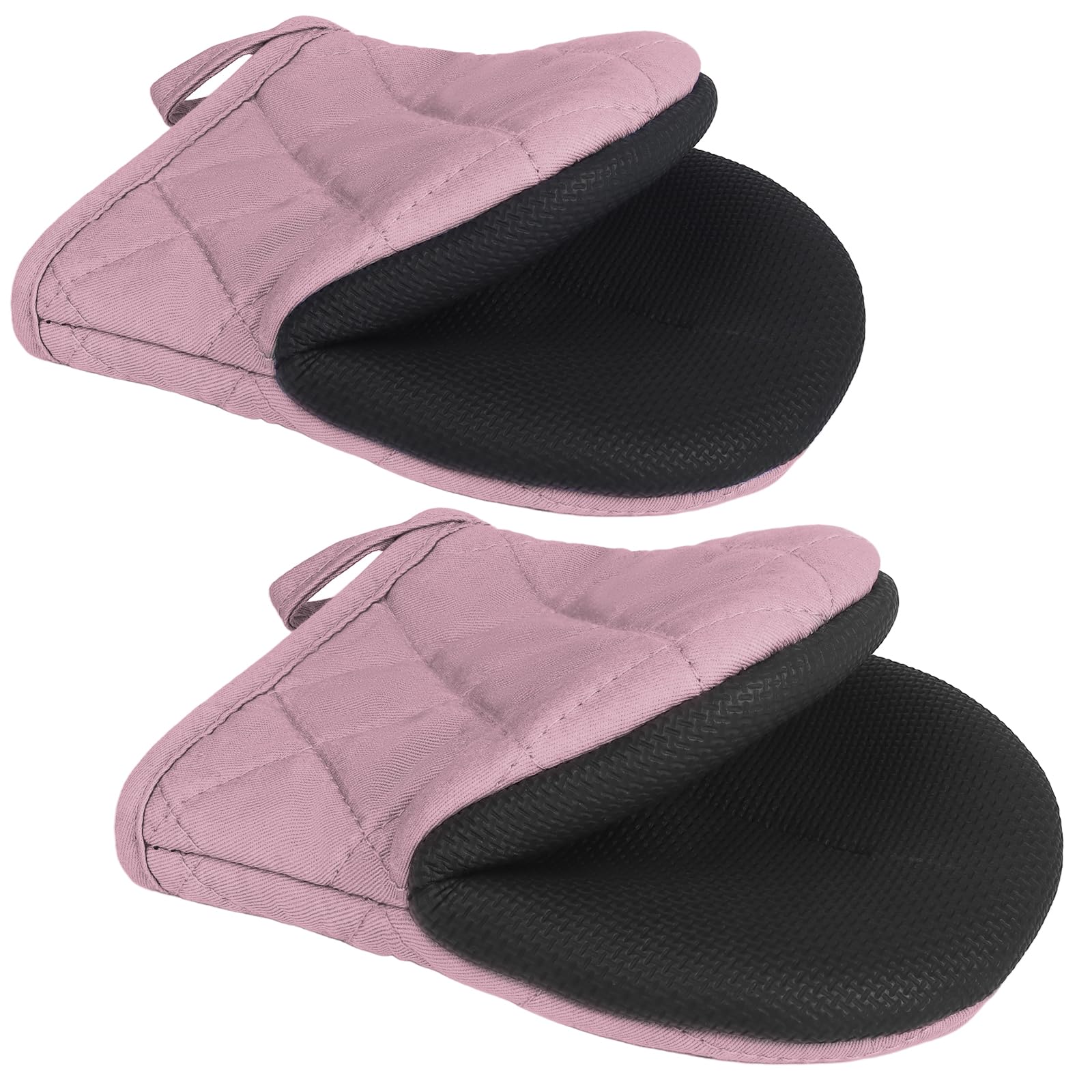 1 Pair Short Oven Mitts - Silicone Kitchen Oven Gloves High Heat Resistant 500℉, Mini Oven Mits with Non-Slip Grip Surfaces and Hanging Loop for BBQ, Baking, Cooking and Grilling (Pink)