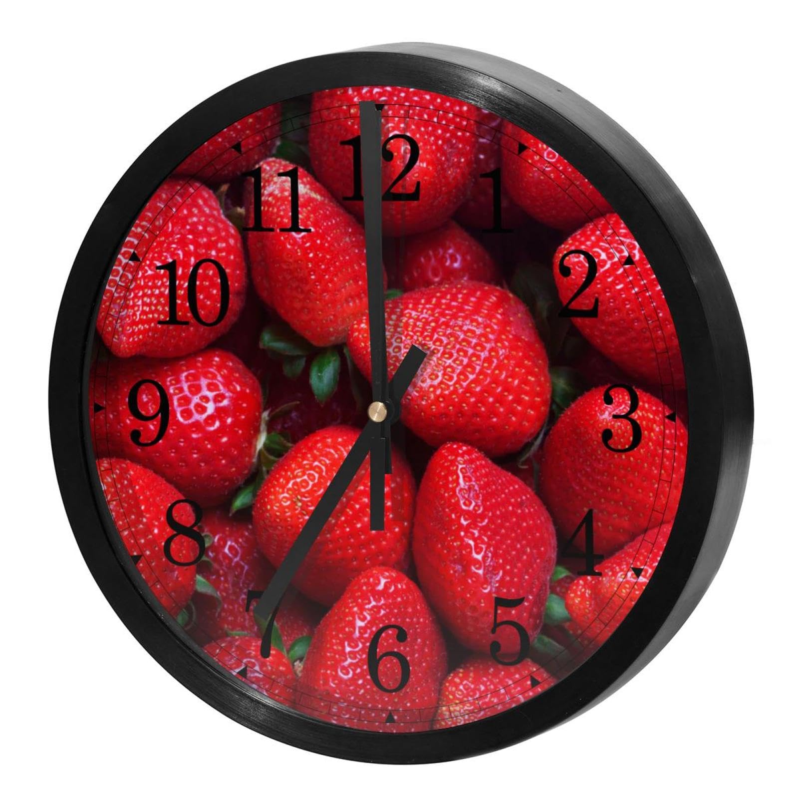 Horloge murale silencieuse à quartz ronde motif fraises rouges pour cuisine et maison