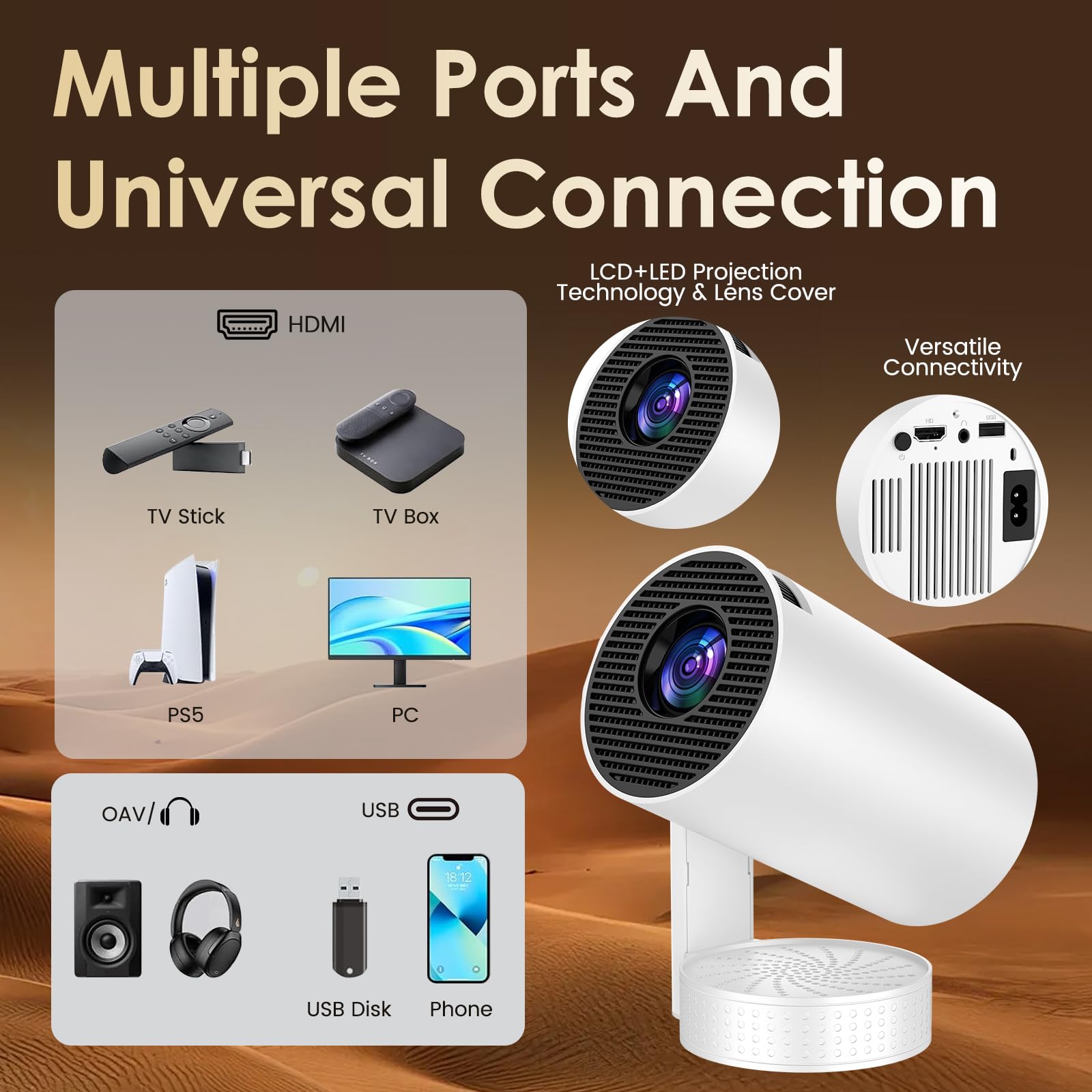 [App integrata] Videoproiettore con WiFi 6 e Bluetooth 5.4 Specchio portatile Mini proiettore supporta 4K 1080P Auto Keystone Rotazione 270° Compatibile con HDMI/TV Stick/Laptop/Memory Stick