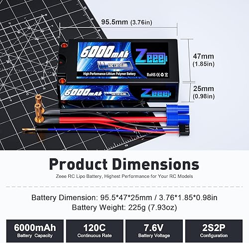 Miniatura 2 de Zeee 2S Lipo Battery 6000mAh Shorty Pack 7.6V 120C - Batería rígida de alto voltaje con conector Bullet a EC3 de 0.197 in para vehículos RC escala