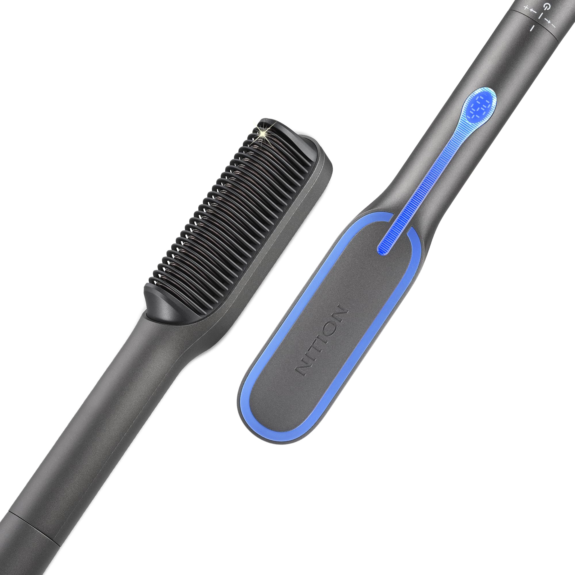 NITION LCD Ceramic Tourmaline Hair Straightening Brush 450°F Hot Hair Comb Flat Iron for Fast Straightening Long Wave, Curly Hair. Easy Hair Straightener Brush Home Styling. MCH Heating. Black