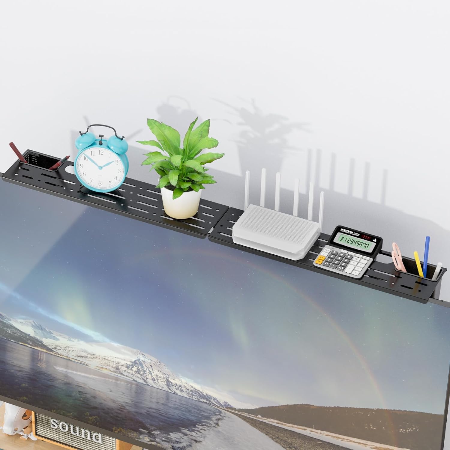 WALI TSH004 TV Top Shelf in use with various items