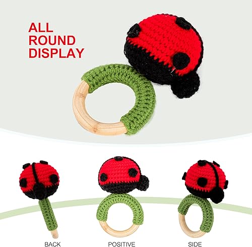 Miniatura 5 de Sonajero de madera para bebé recién nacido, anillo de dentición de mariquita de ganchillo, sonajero de madera natural, primer regalo para bebés