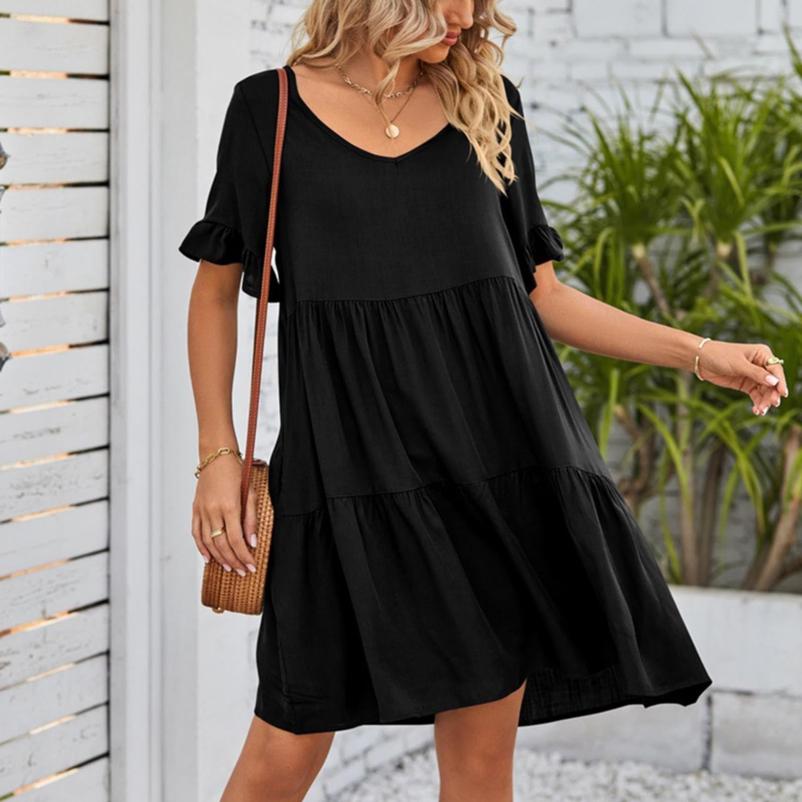 Damen-Sommerkleid lässig V-Ausschnitt geschichtet Rüschensaum Tasche A-Linie Mini-Swing-Strandkleid mit kurzen Ärmeln