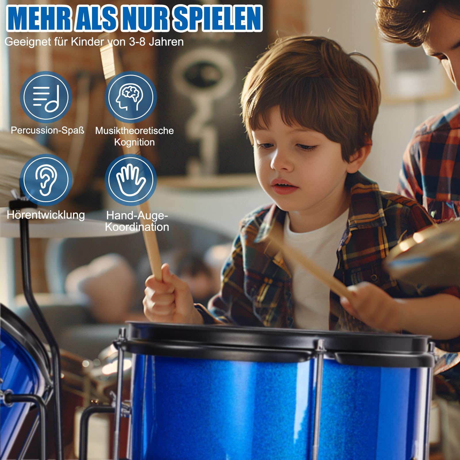 LEADZM Schlagzeug Set 14'' für Kinder ab 3 Jahren mit Hocker, Bassdrum-Pedal und 2 Drumsticks, Becken, Tom und Snare Drum (Dunkelblau)