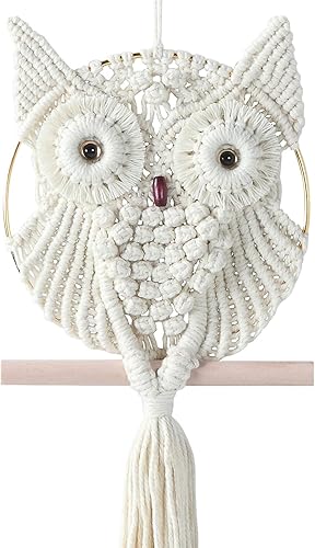 Owl Ivory Cotton Handmade Macrame Wall Hanging Tapestry Home Decor Art and Beige Craft Wonderful Decoration Woven Boho Ornament for Office Bedroom