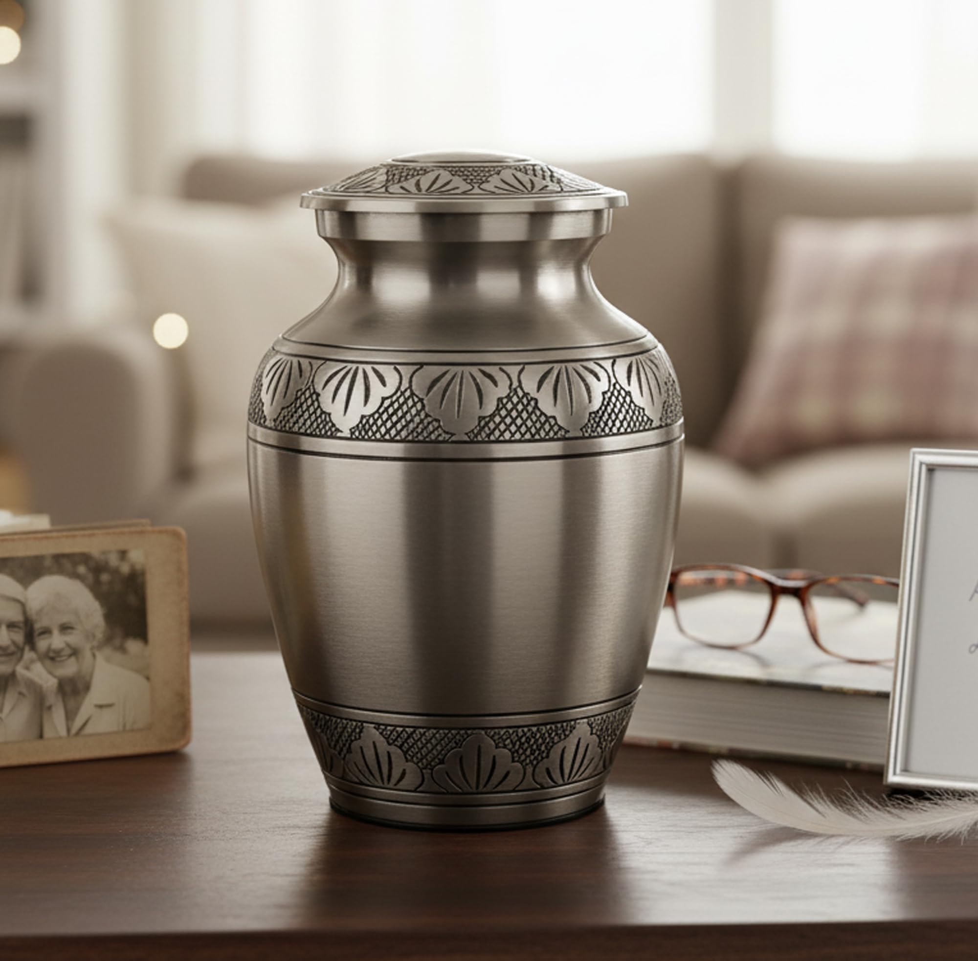 Mother of Pearl Brass Cremation Urn - Memorial Container Jar Pot | Metal Burial Urn