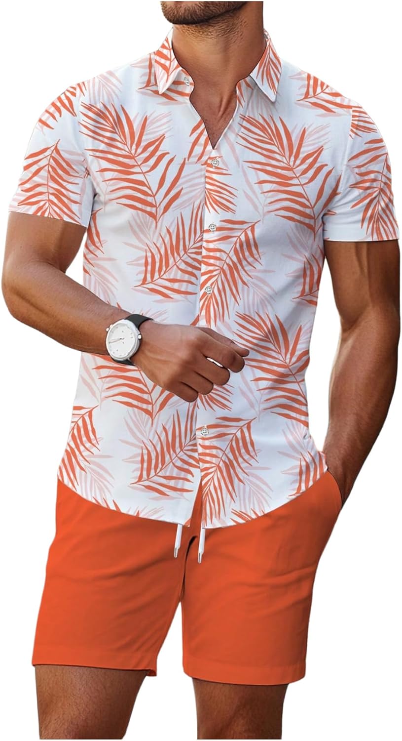 WDIRARA Men’s Hawaiian Matching Set Summer Beach 2 Piece Outfits Tropical print Shirts and Shorts