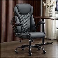 AMSEATEC Ergonomic Executive PU Leather Office Chair with Flip-Up Arms, Lumbar Support & Rocking Function - Black
