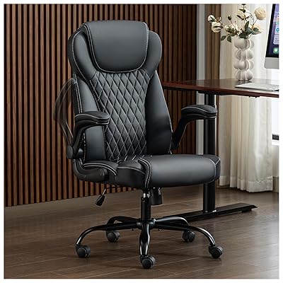 Office Chair, Executive PU Leather Chair Home Office Desk Chairs, Ergonomic Computer Desk Chair with Adjustable Flip-Up Arms, Lumbar Support Swivel Task Chair with Rocking Function (Black)