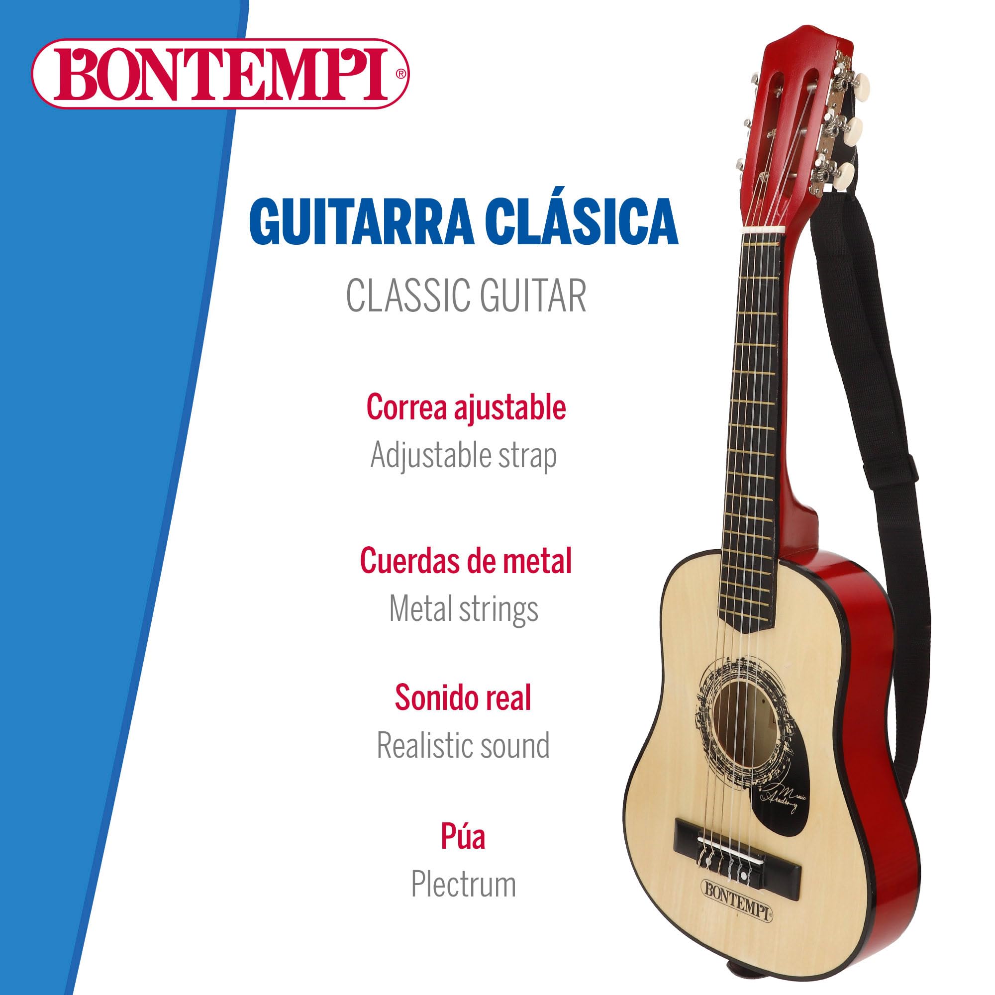 COLORBABY Bontempi Guitarra clásica de Madera 75 cm con Correa, 6 Cuerdas funcionales, Diseño Tradicional, Cuerpo Brillante, Ligera y manejable, para iniciarse en la música a Partir de 5 años (39231)