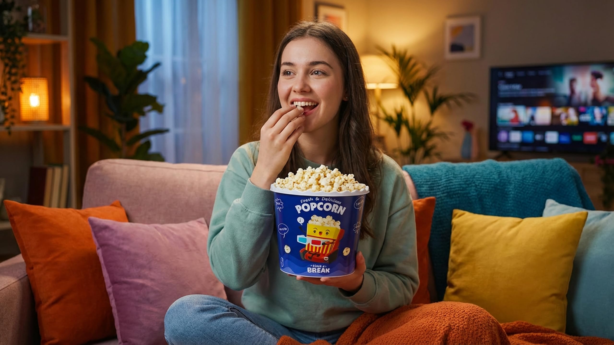 Caja de palomitas de maíz de plástico reutilizable de estilo moderno, para palomitas de maíz, juego de cuencos de palomitas de maíz para la noche de cine – libre de BPA – azul, paquete de 4 – 70 onzas