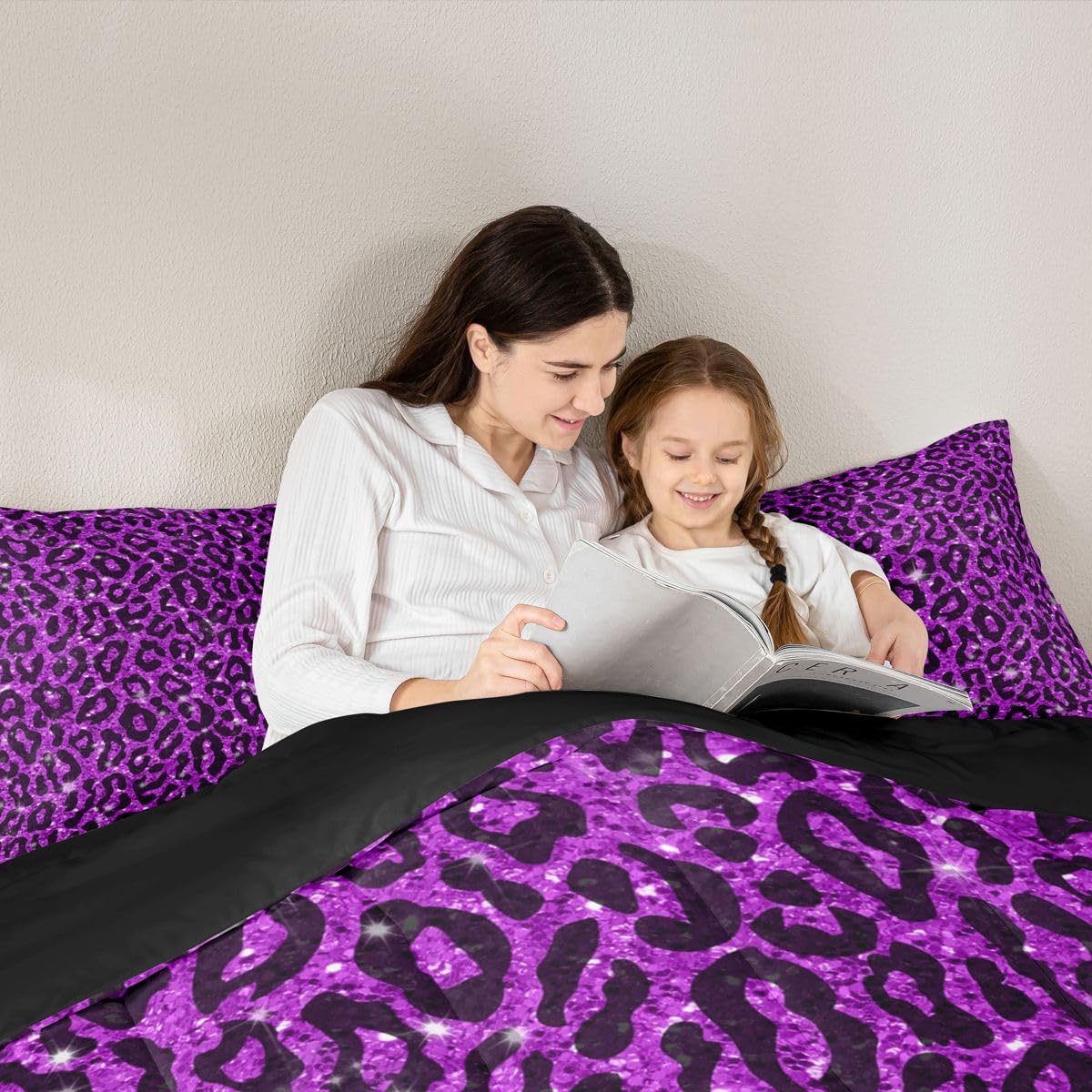 jejeloiu Leopard Bedding Set Soft for Boys Girls, Glitter Comforter Set Queen Size Cheetah Duvet Quilt Microfiber Cow Fur Bedroom Decor 3 Pcs with 2 Pillow Cases