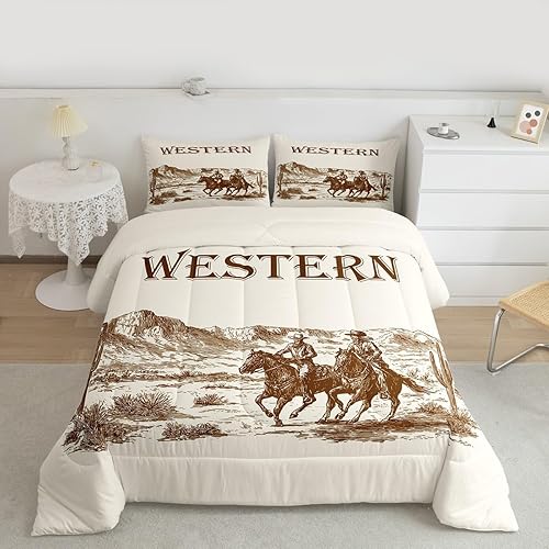 Miniatura 4 de Manfei Western Cowboys - Juego de edredón para niños, tamaño matrimonial, juego de ropa de cama retro con plantas del desierto de cactus, decoración