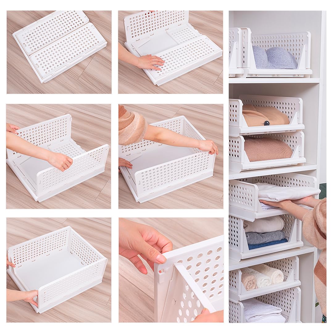 Organizzatore per Armadio Impilabile. Confezione da 4 Scatole Porta Abiti. Cassetti Pieghevoli in Plastica. Le Scatole Organizer Risparmiano Spazio. (L (44x34x18,5))
