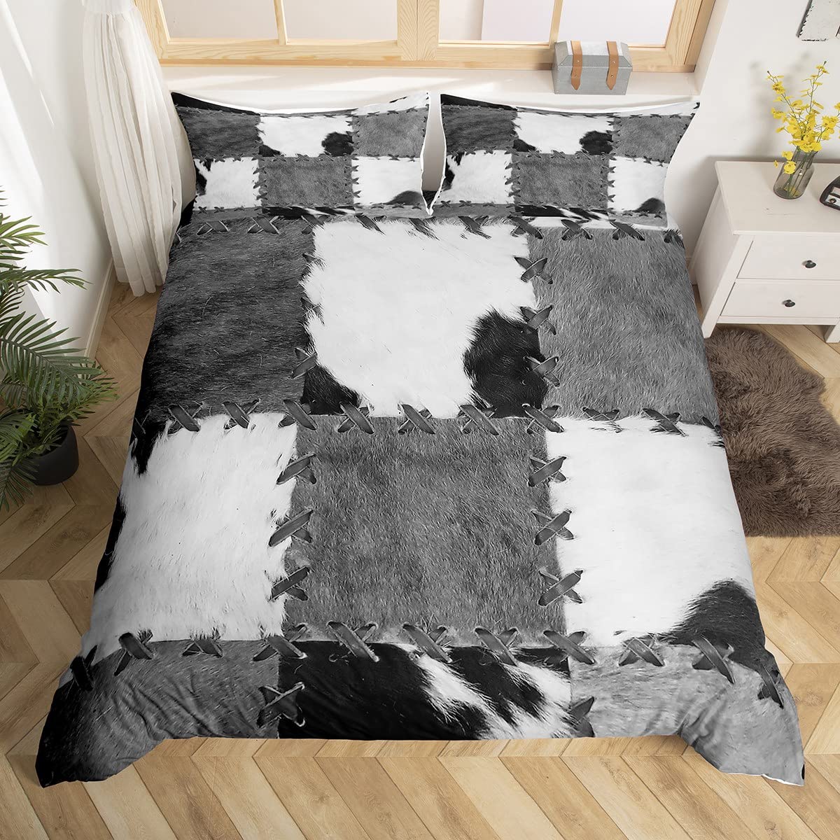 Juego de ropa de cama de piel de vaca Super King con estampado de piel de vaca para adultos, hombres, adolescentes, funda de edredón de vaca occidental, funda de edredón de granja de vaquero