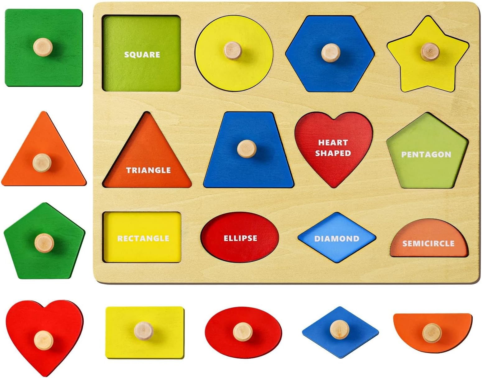 Wooden Shape Peg Puzzles, Wooden Pegboard Puzzles with Knob, Peg Puzzle