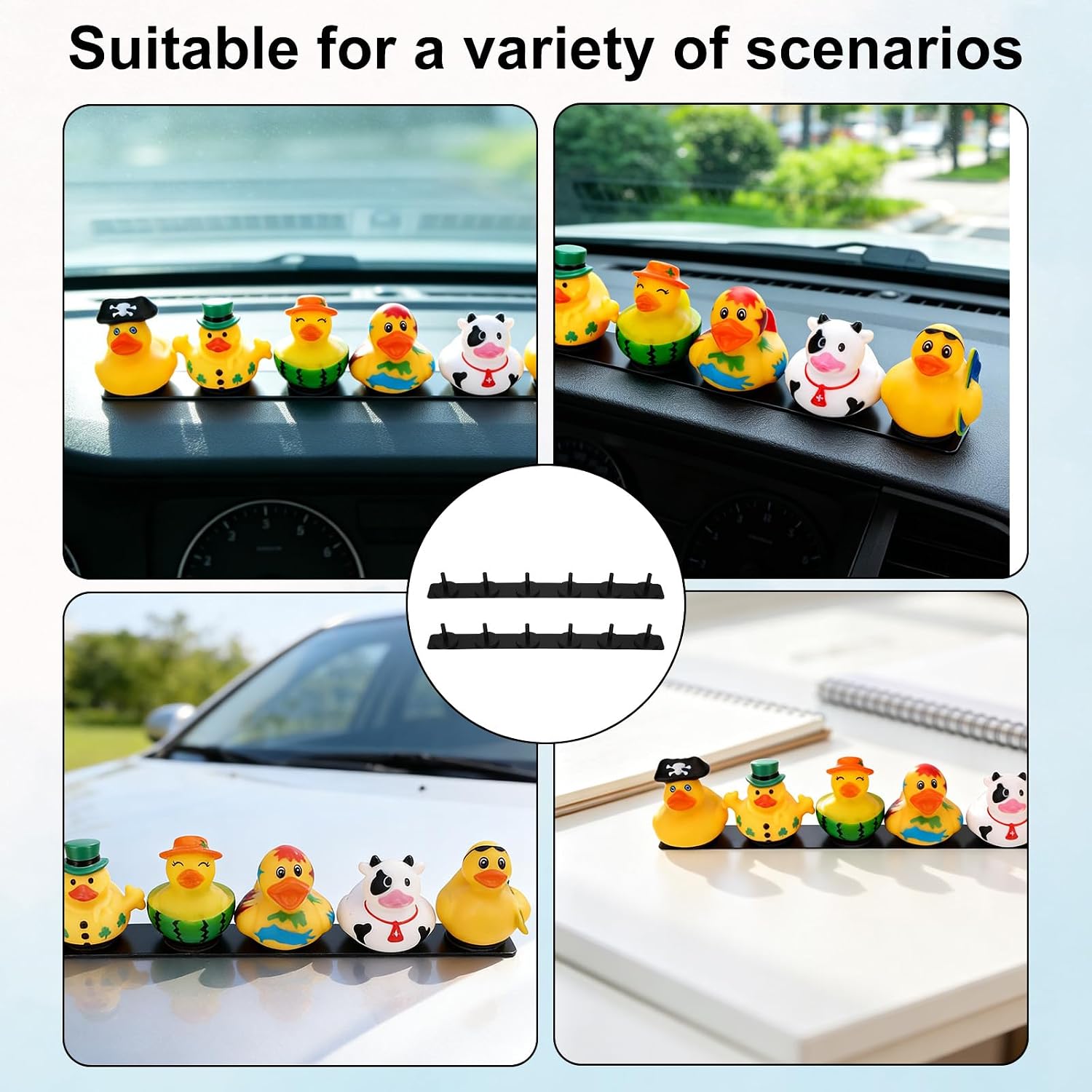 Duck Holder Set for Dashboard, Adjustable Rubber Ducks Patitos para Display Mount Includes 2 Decorative Strips and 12 Magnetic Duck Plugs for Car Dashboards Office Decorations
