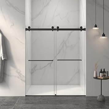 Matte Black Sliding Shower Door 60" W x 70" H, Adjustable Width 56"-60", 8mm Tempered Glass, Soft Close System, Anti-Leak Design, Double Handle Towel Rail, Easy Install
