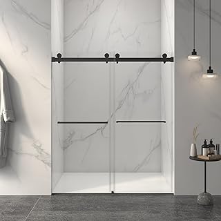 KEIKI 56-60" W x 70" H Frameless Double Sliding Shower Door, 5/16" (8mm) Thick SGCC Tempered Clear Glass, Double Side Easy Clean Coat, Matte Black Finished with Buffer