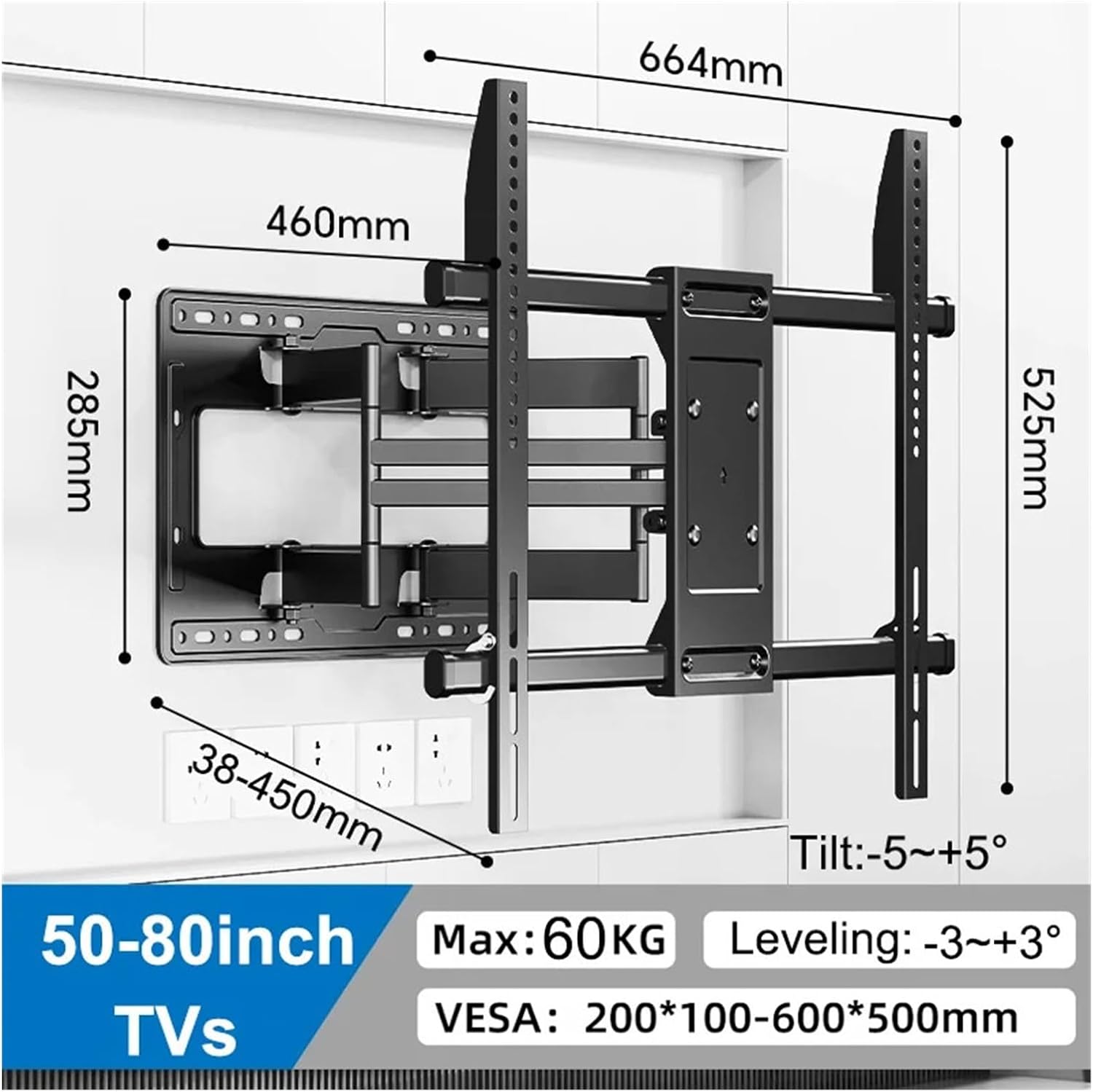 Full Motion TV Wall Mount for 50-80" LED TVs, Dual Arm Bracket, Supports 132 lbs, Adjustable Tilt & Swivel, Easy Install, Universal Fit for Optimal Viewing Experience,Black