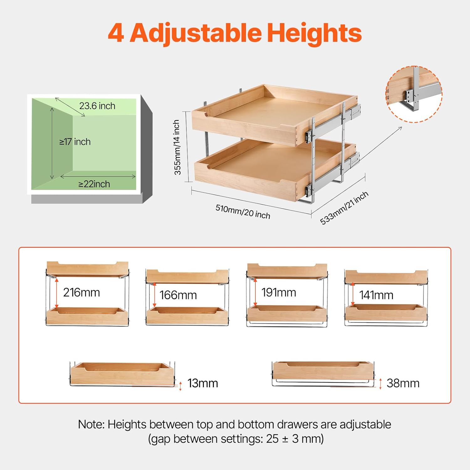 VEVOR 2 Tier Pull Out Cabinet Organizer, 20" W x 21" D Cabinet Drawer, Soft Close Slide out Shelf, Heavy-Duty Sliding Wood Drawer, Adjustable Base Cabinet Organization for Kitchen Pantry Bathroom