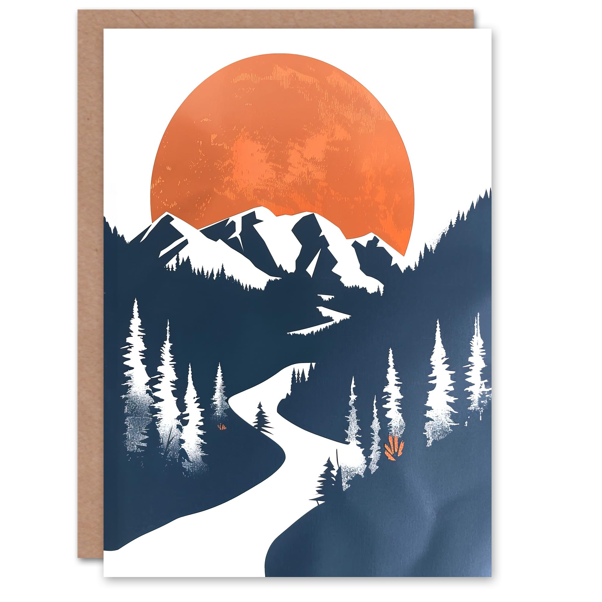 Artery8 Greeting Card Orange Full Moon Over Blue Mountain Hiking Trail Blank For Him Or Her Art Birthday Card