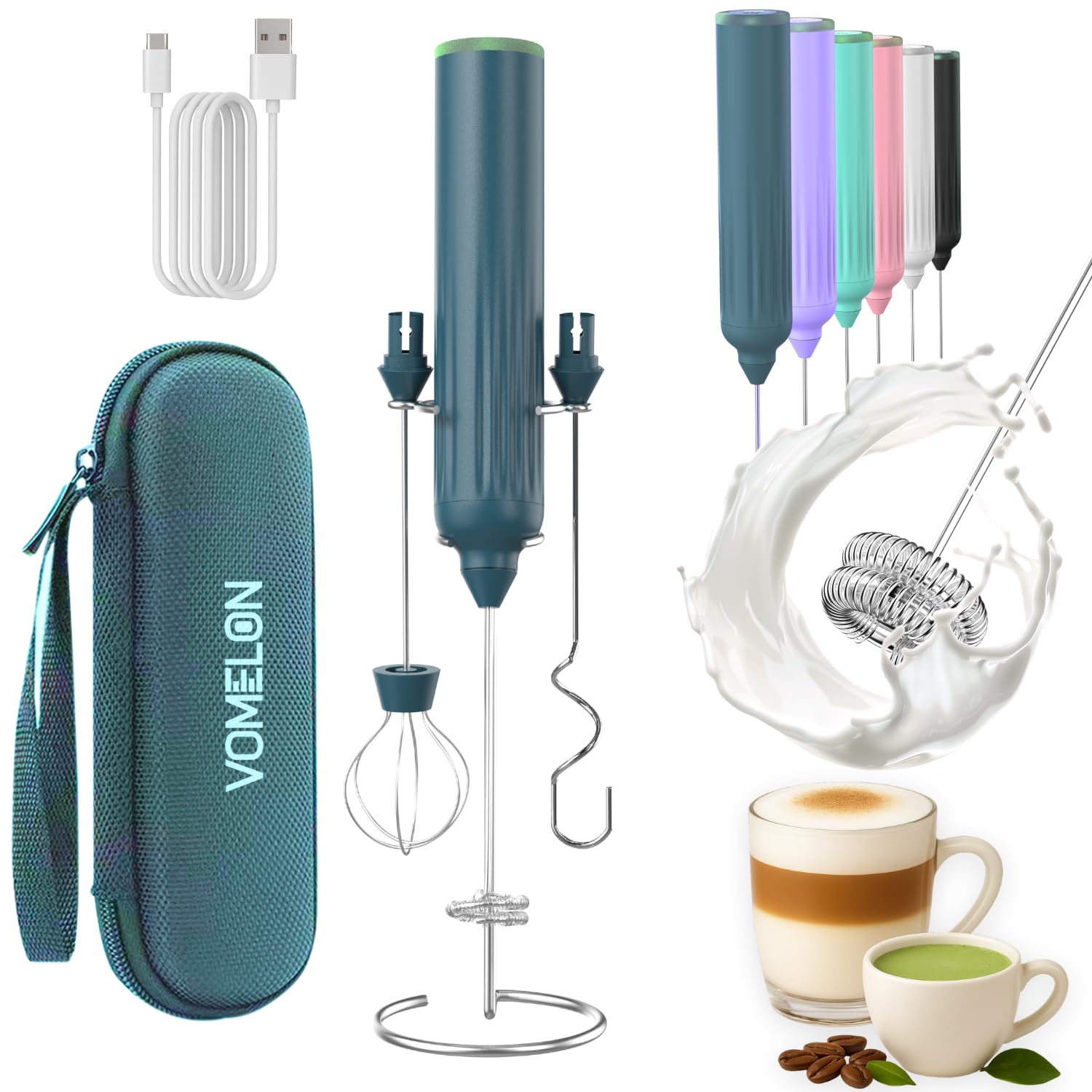 Milk Frother Handheld with 3 Stainless Steel Whisks, Rechargeable Electric Drink Mixer with Stand & Travel Case, Milk Foamer for Coffee, Latte,