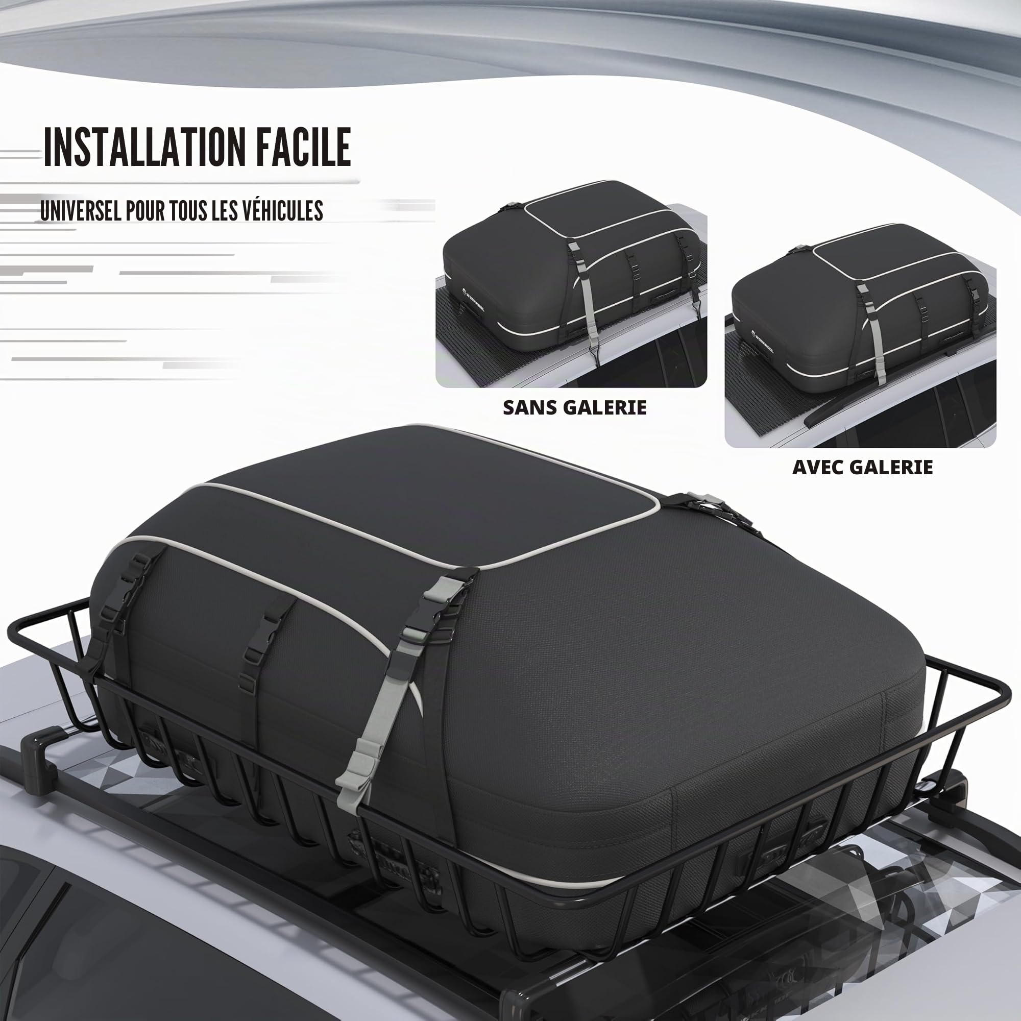 WORKKOOL Sac de toit imperméable de 4,6 m³ avec tapis antidérapant et verrou – Rangement universel sur le dessus de voiture pour VUS/Break – Sac de transport pliable (111,8 x 86,4 x 43,2 cm)