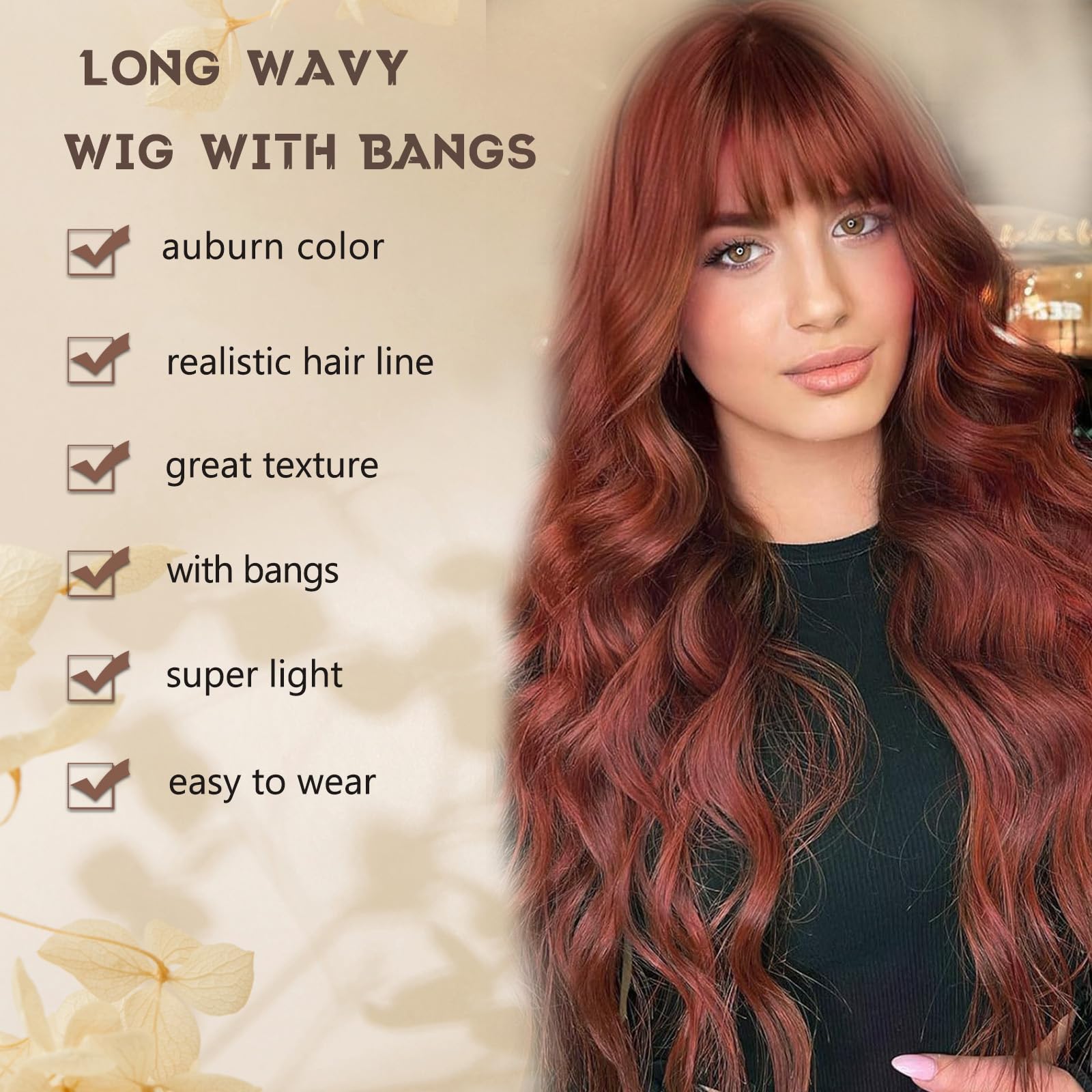 MINSEEYOO Long Wavy Synthetic Wig with Bangs, Heat Resistant