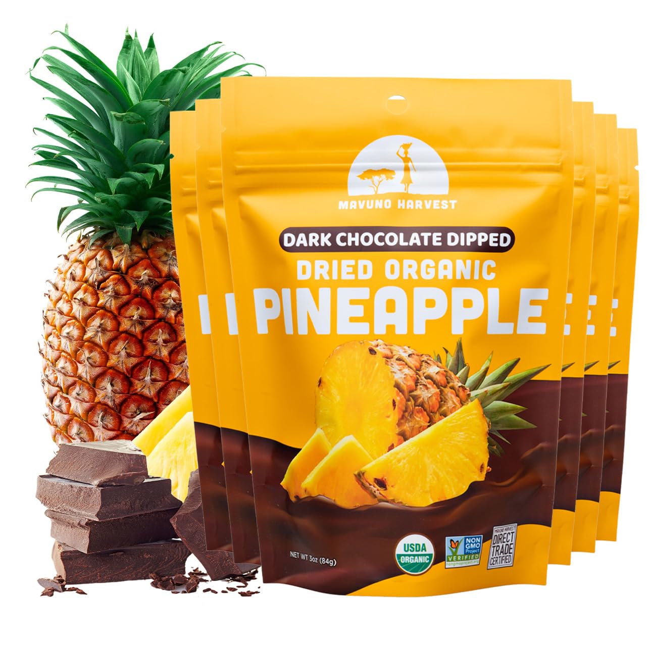 Mavuno Harvest Organic Chocolate Covered Mango - Organic Dried Mango Dipped in Dark Chocolate - Non GMO, Fair Trade, No Preservatives & Vegan Chocolate Treats - Healthy Chocolate Snacks - 6 x 3 Ounces