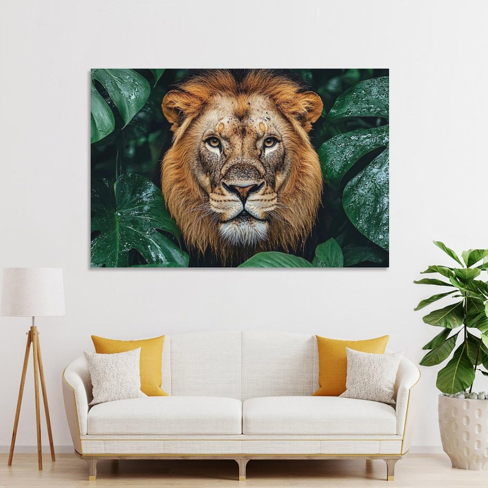 Junmoney Decorative Wall Artwork Lion Portrait in Tropical Foliage, 20x30inch(50x75cm), for Home, Office, Studio Or Guest Room, A Flexible Wall Accent for Shared Spaces