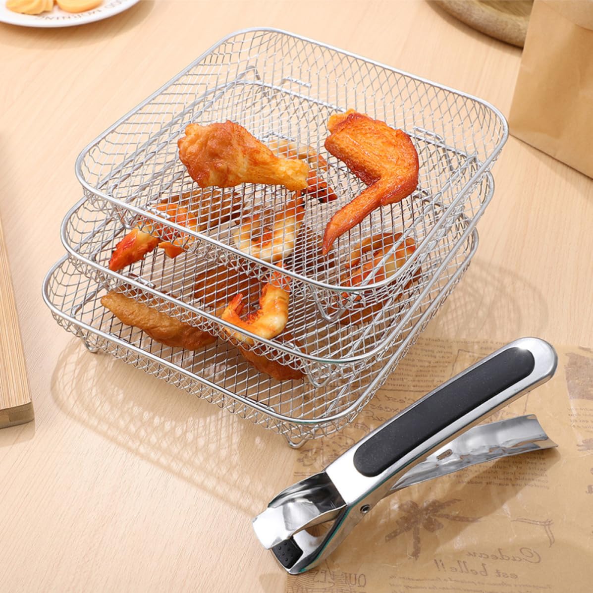 3 Piezas Rejillas para Freidoras de Aire Acero Inoxidable Apilables Multifuncionales Seguras para Amigos Que Aman Cocinar en Freidora de Aire