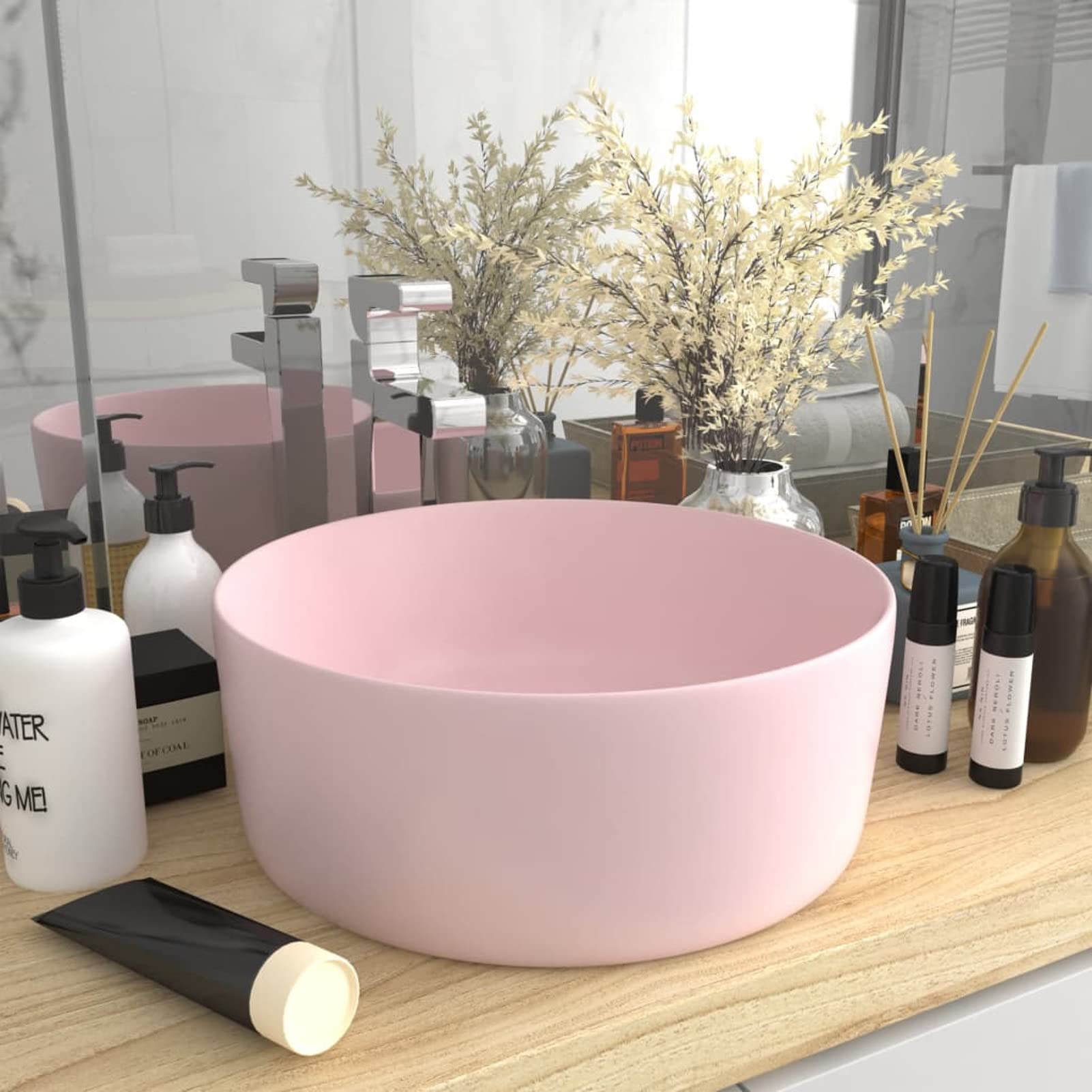 Homgoday Lavabo de lujo redondo rosa mate de 40 x 15 cm, de cerámica, lavabo de encimera para lavabo, mueble de tocador, lavabo de baño para guardarropa pequeño, accesorios de baño