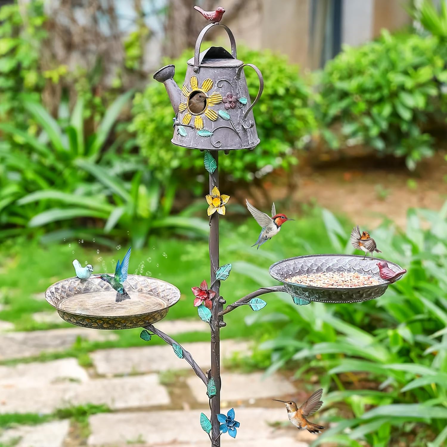 Bird Baths and Houses for Outside with Pole, 3-in-1 Bird Bath, House & Feeder with Metal Stake, 67.9" Tall Free Standing Birds Feeders Birdhouses for Outdoors with 4-Prong Stake