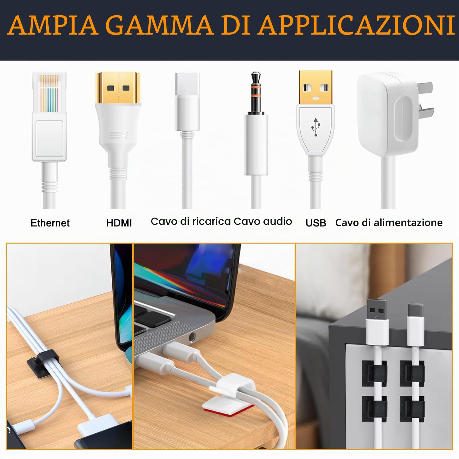 SOULWIT 50 Clip Cavo Autoadesivo, Fermacavi Organizer Gestione Cavi per TV PC Laptop Ethernet