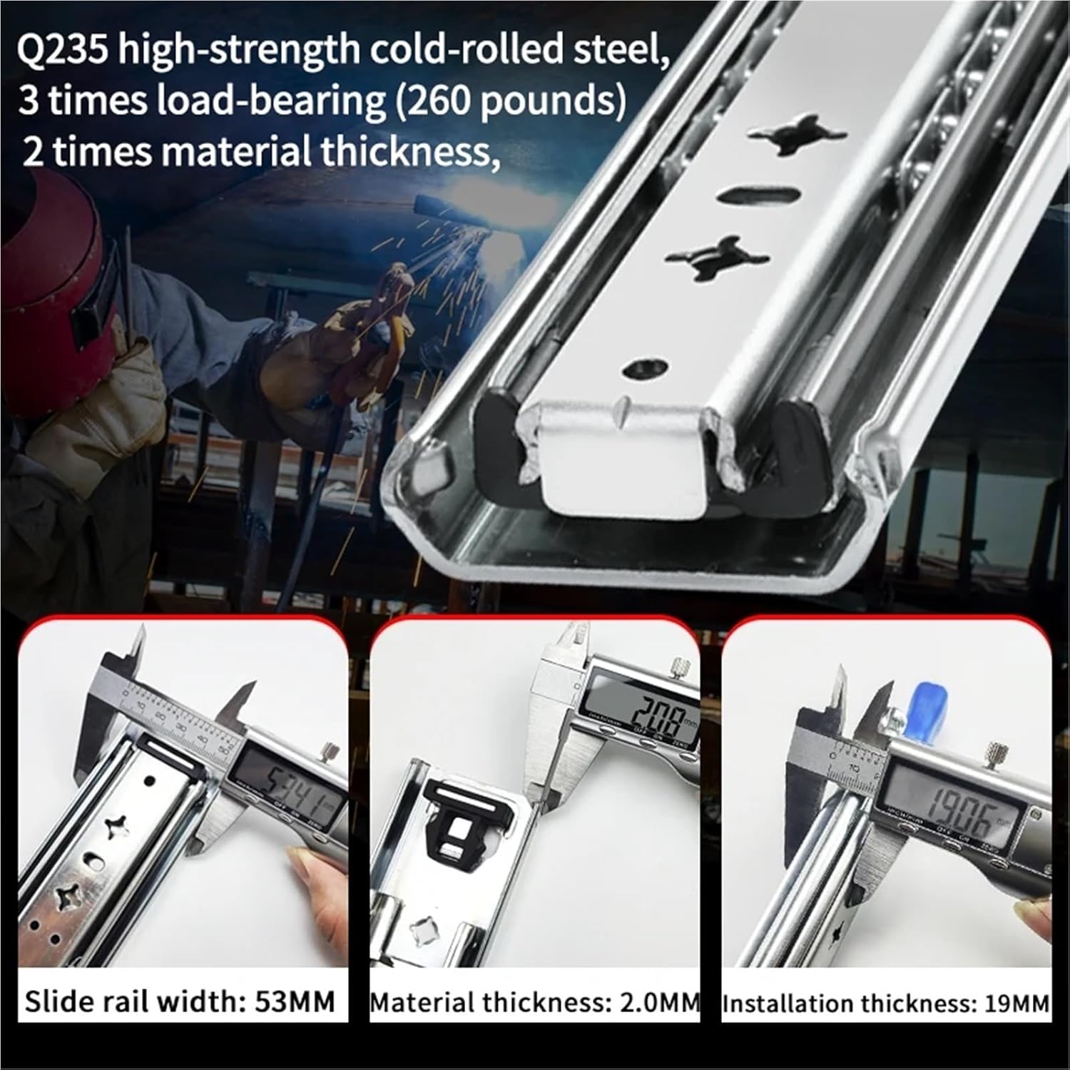 Drawer Slides 1Pair Heavy Duty Drawer Slides 10-22Inch 250Lb Load Capacity Full Extension Side Mount Rail with Ball Bearing(18inch(450mm))