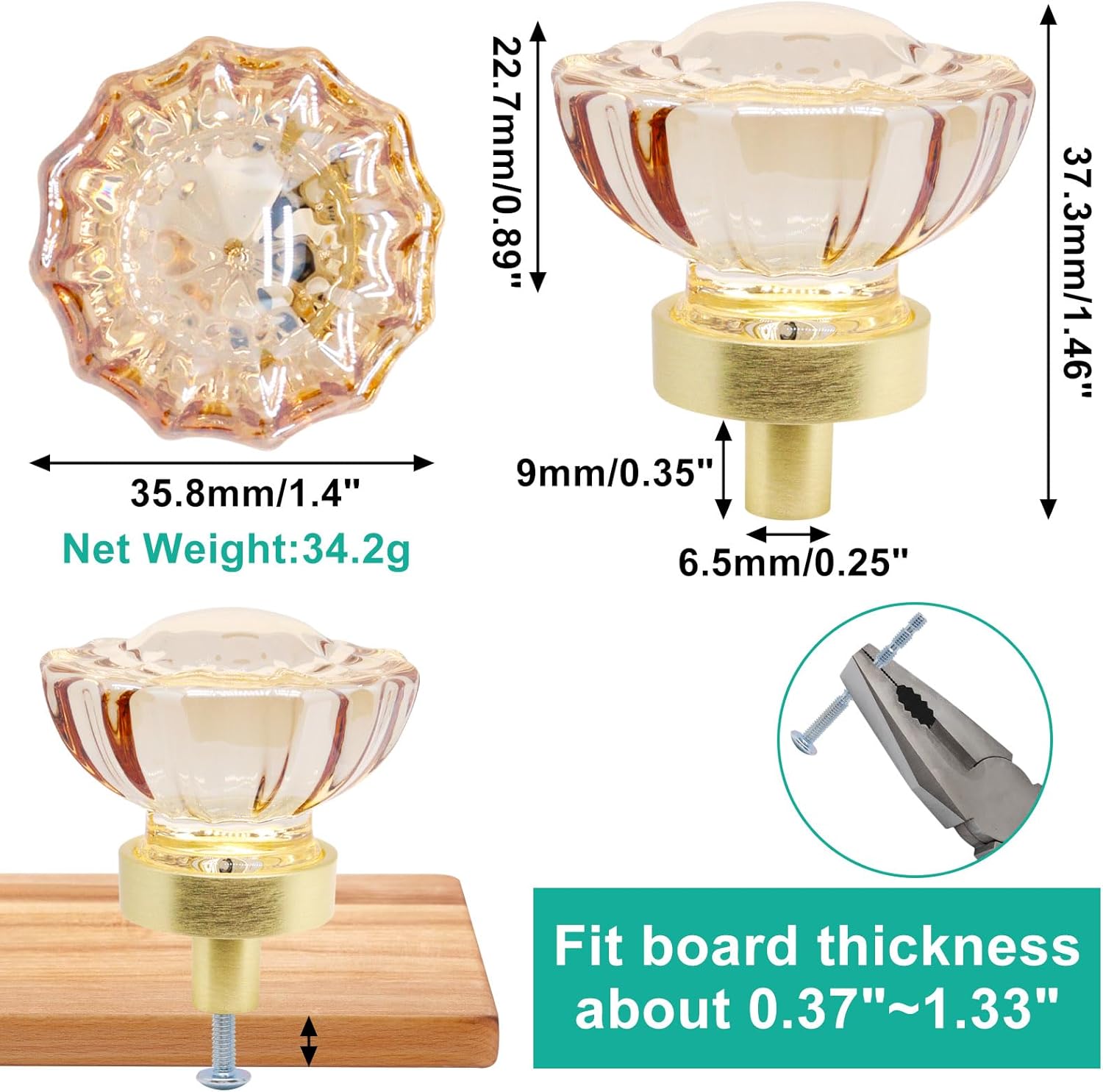 8pcs Cabinet Knobs, Glass Knobs for Cabinets Dia. 1.4" Crystal Knobs for Dresser Gold Cabinet Pulls Furniture Dresser Knobs Glass Drawer Knobs Handles for Bathroom Kitchen (Flower, Champagne)