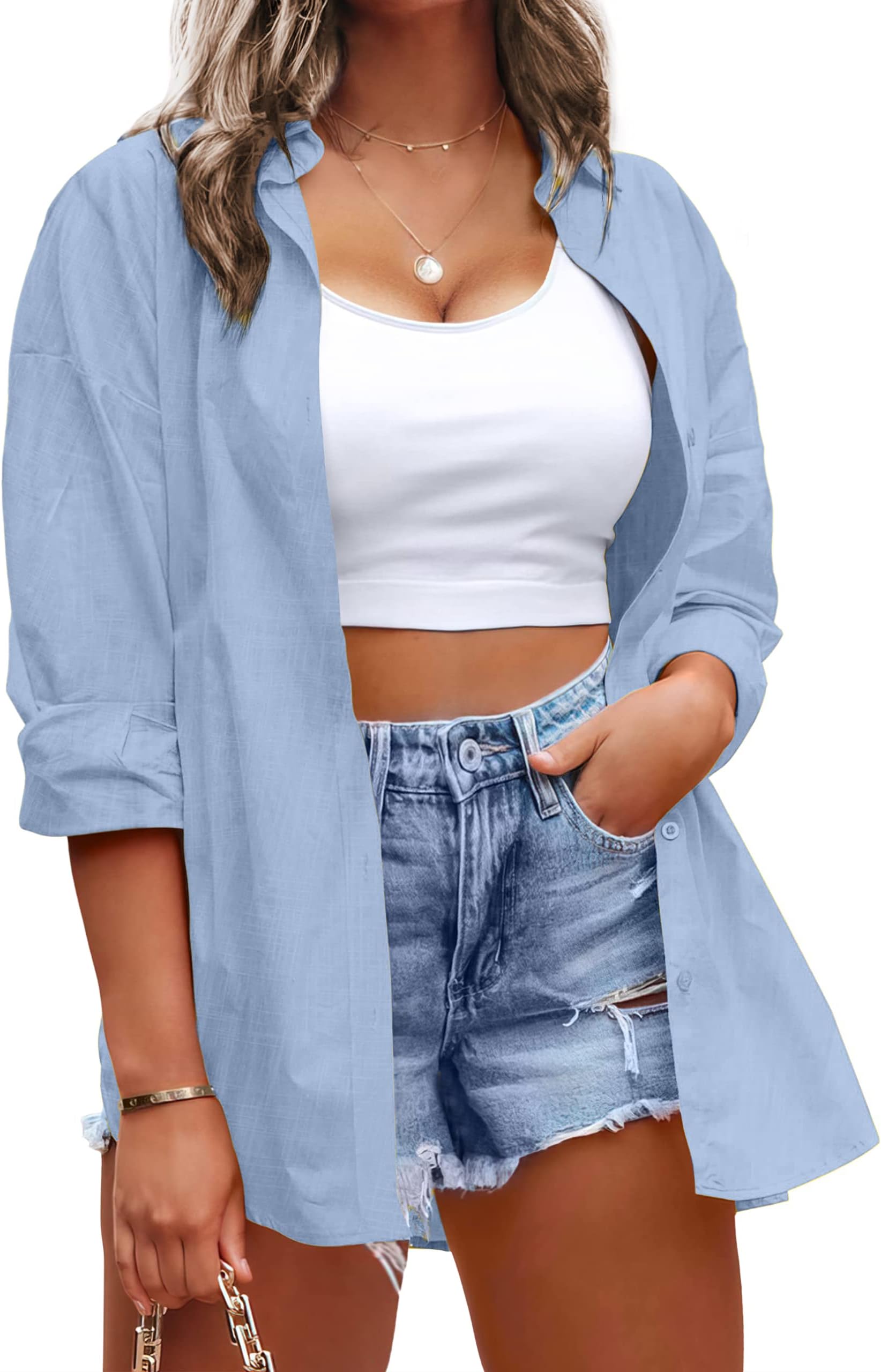 IN'VOLANDWomens Plus Size Button Down Shirt Classic Long Sleeve Button Front Shirt Women Casual Cotton Blouse 16-28W