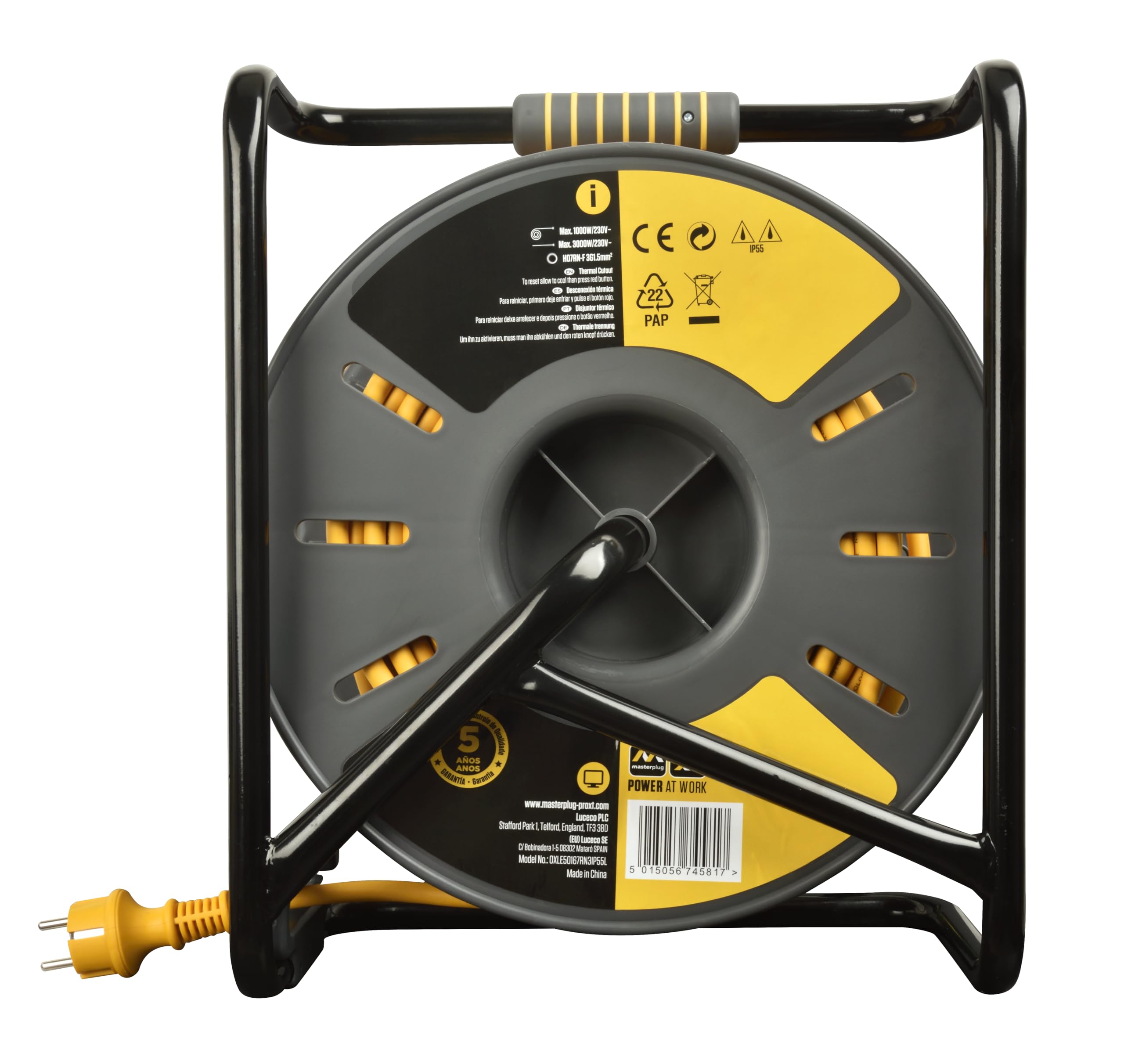 Masterplug Pro-XT Avvolgicavo Professionale 50m IP55 - 3 Prese Schuko Per Cantiere E Officina