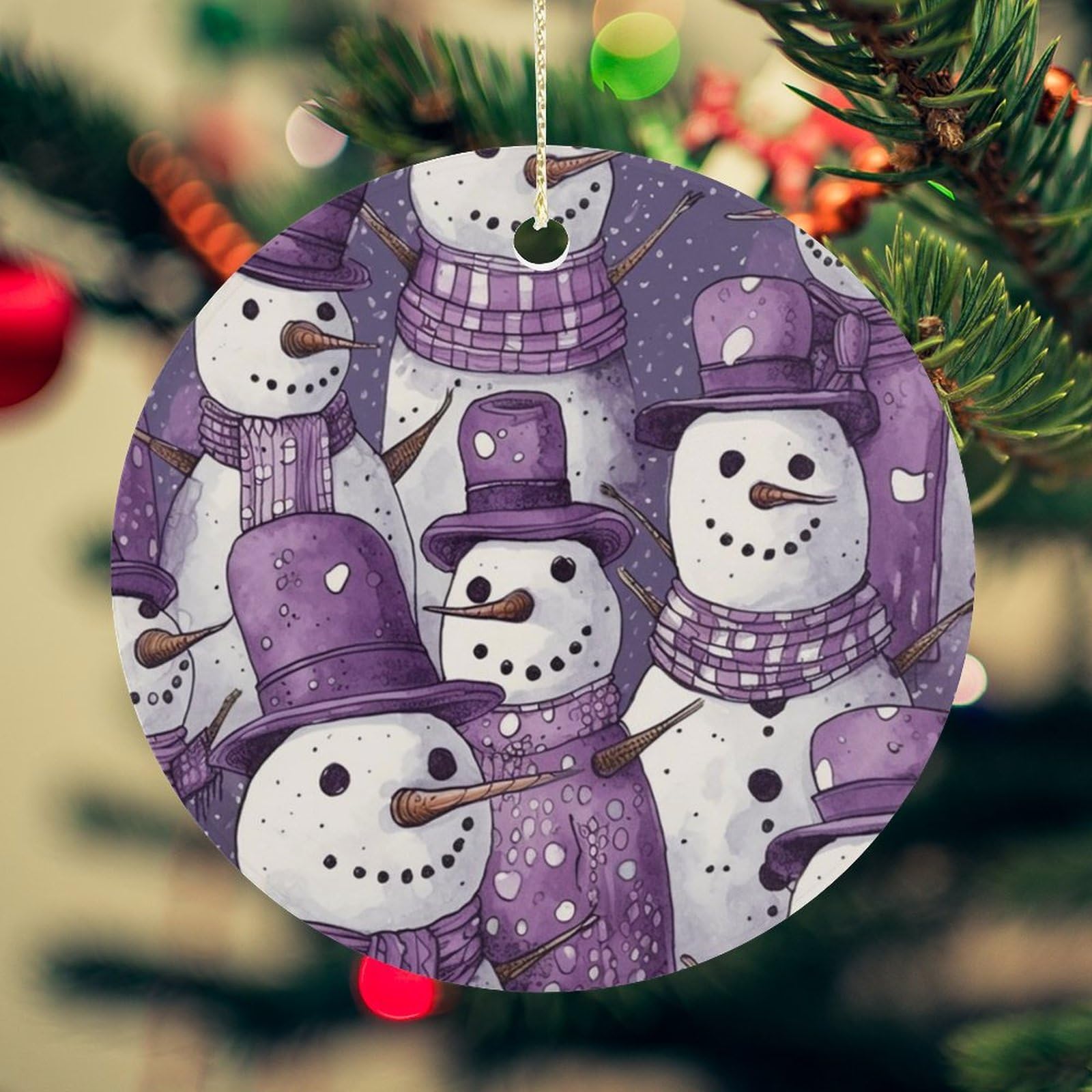 Purple Snowman Pattern Christmas Ornament for Christmas Tree Ceramic Round Ornament Winter Holiday Keepsake Gift 2.7" Christmas Tree Hanging Decorations Circle Ceramic Pendant Xmas Gift
