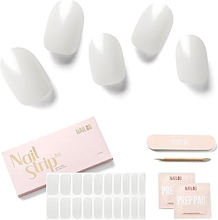 NAILOG Semi Cured Gel Nail Strips (20 Extra Long Stickers/Wraps) | Buy 2 Get 1 UV Lamp| Glossy & Long Lasting Soft Gel Finishing | Pearl White