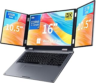 3画面ノートパソコン 16インチ+10.5インチ×2 サブスクリーン Core i7-12700H 32GB 2TBSSD Win11Pro Wi-Fi5 BT5.0 顔認証 指紋認証 日本語キーボード USB-C HDMI テレワーク/株取引/動画編集