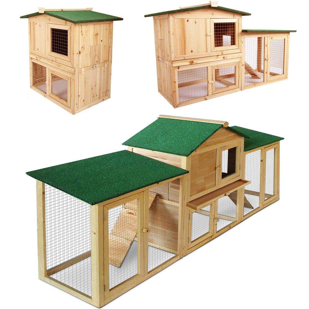 AQPET Gabbia per Conigli conigliera pollaio con Tetto XXL da Esterno in Legno componibile 204X45X84h cm