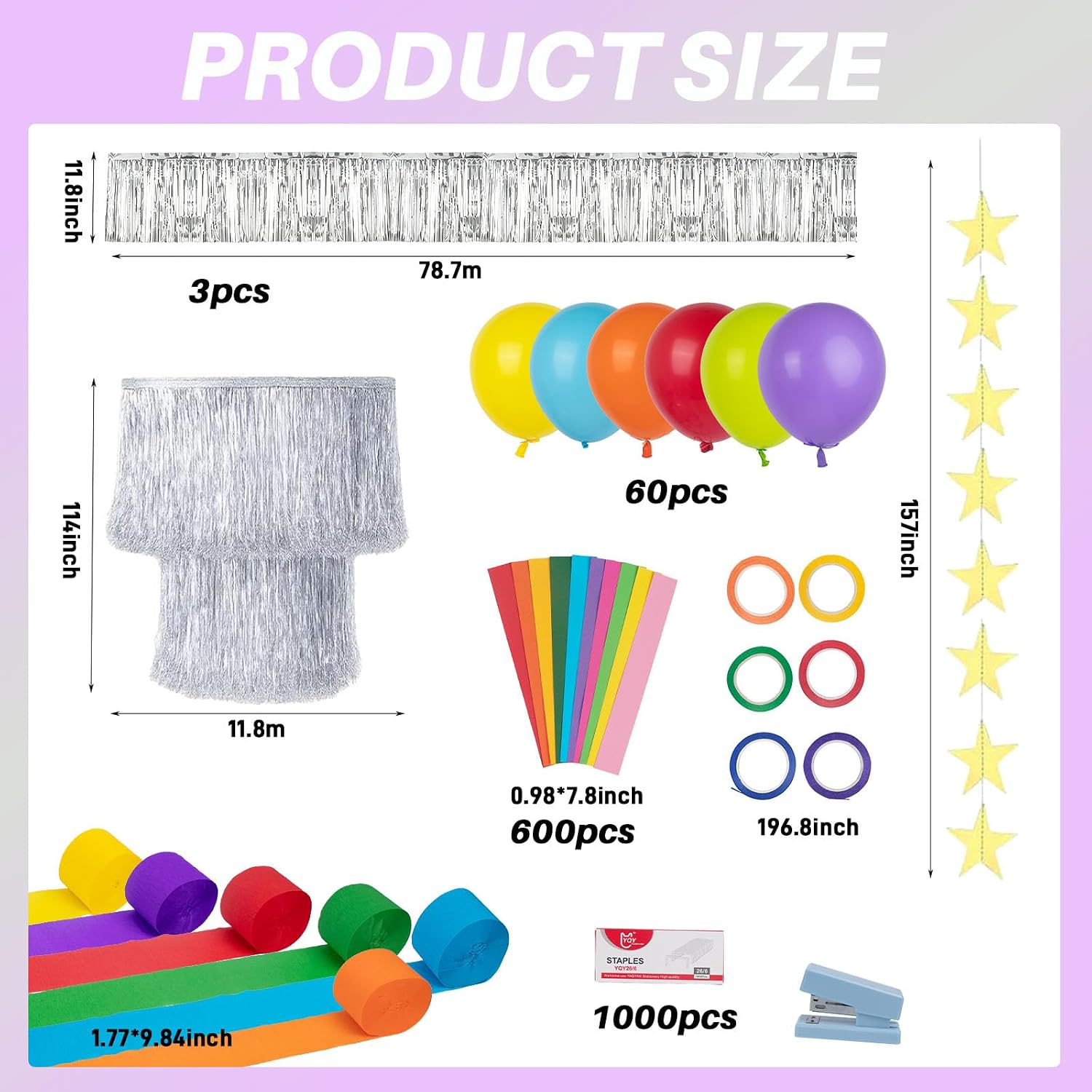 600 Sheets Rainbow Paper Chain Strips Garland Princess Birthday Party Decor Kit DIY Crafts Crepe Paper Streamer Glitter Star Fringe Chandelier Balloons for Wedding Birthday Classroom Decor
